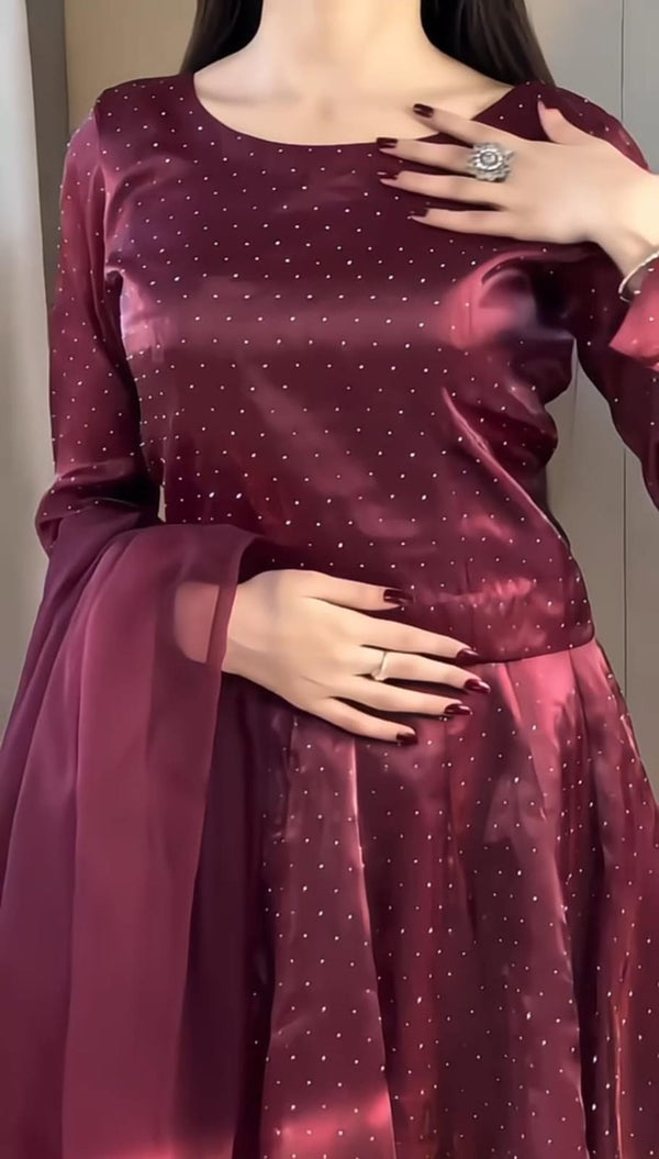 Luxury Sheesha Silk Maxi with Dupatta – Shimmering Stone Work Dress